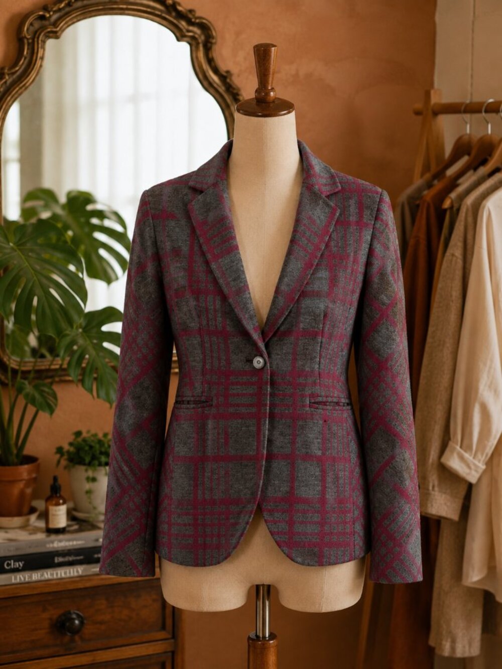 New York & Company Gray and Burgundy Plaid Single-Button Blazer